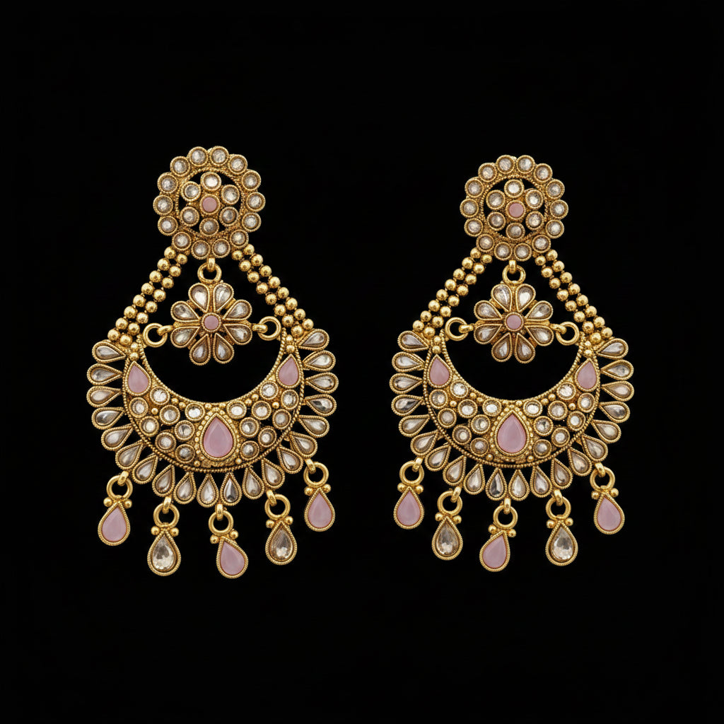 A pair of gold-toned Indian chandbali earrings embellished with clear crystals and light pink stones, displayed on a dark gray reflective surface with the 'SAHELI MY BEST FRIEND' logo at the top.