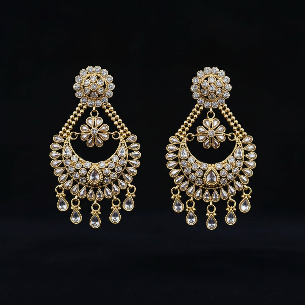 A pair of gold-toned Indian chandelier earrings adorned with clear crystals, displayed on a black background with the brand logo 'SAHELL MY BEST FRIEND' above them.
