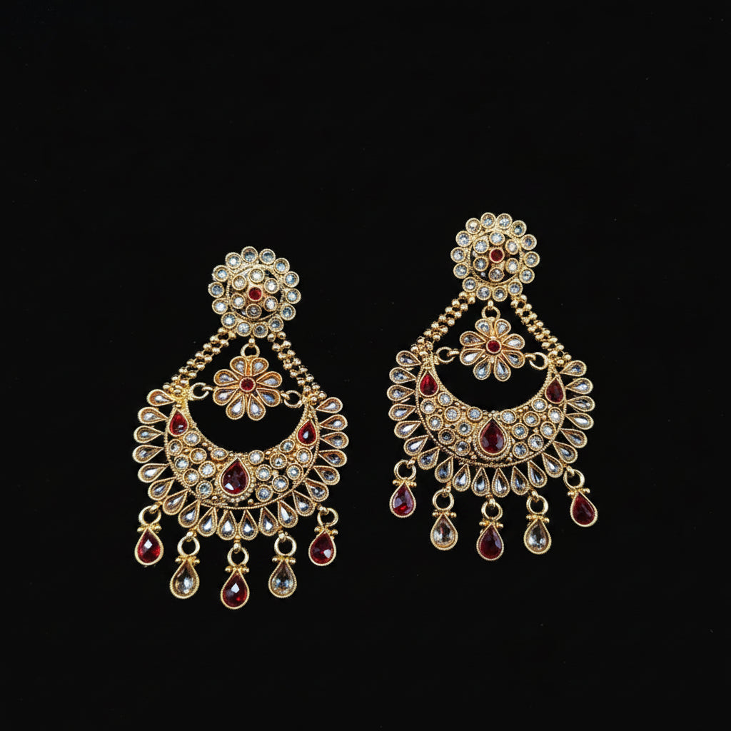 A pair of gold-toned traditional Indian chandelier earrings with red and clear stones, displayed on a black background with the SAHELI MY BEST FRIEND logo at the top.