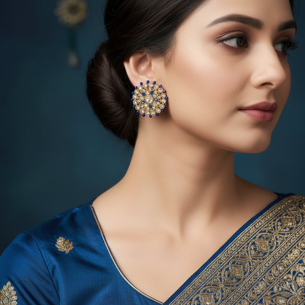 Pair of gold and blue earrings on a dark background with 'Saheli' branding.