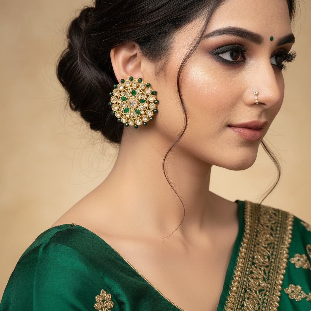 Ornate gold and green earrings on a dark background with 'SAHELI' branding.