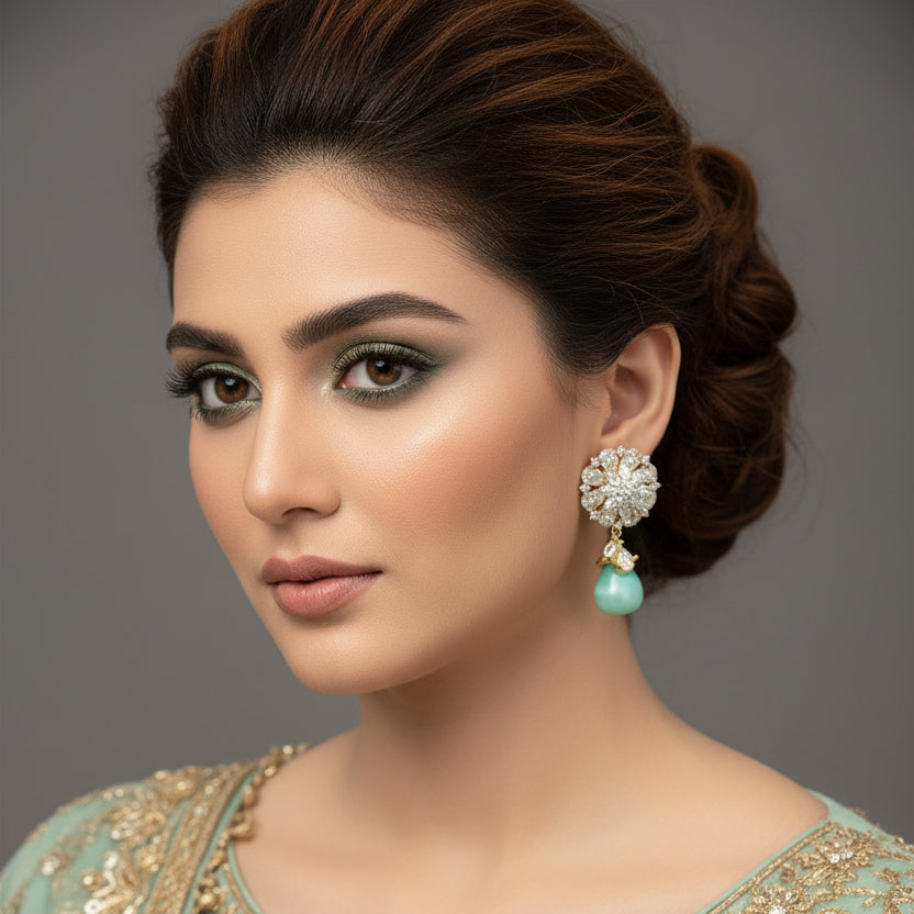 Pair of earrings with floral designs and turquoise drops on a dark background