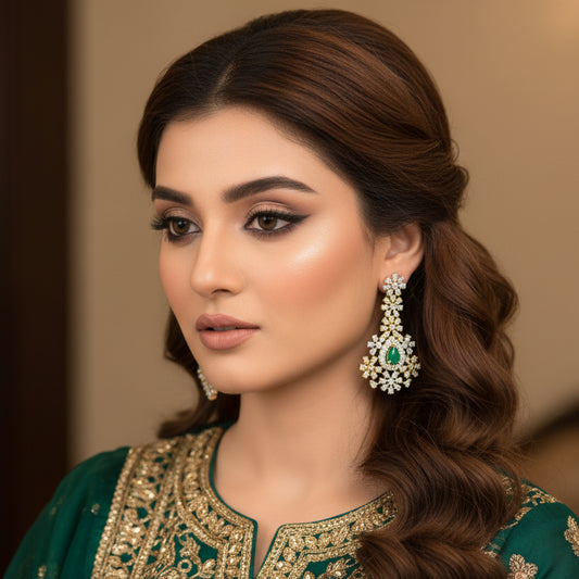 Pair of gold and silver earrings with green gemstones on a dark background, branded 'Saheli'.