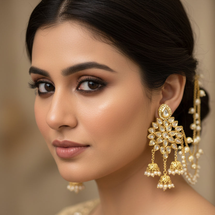 Gold necklace and earrings set with 'SAHELI' branding on a dark background