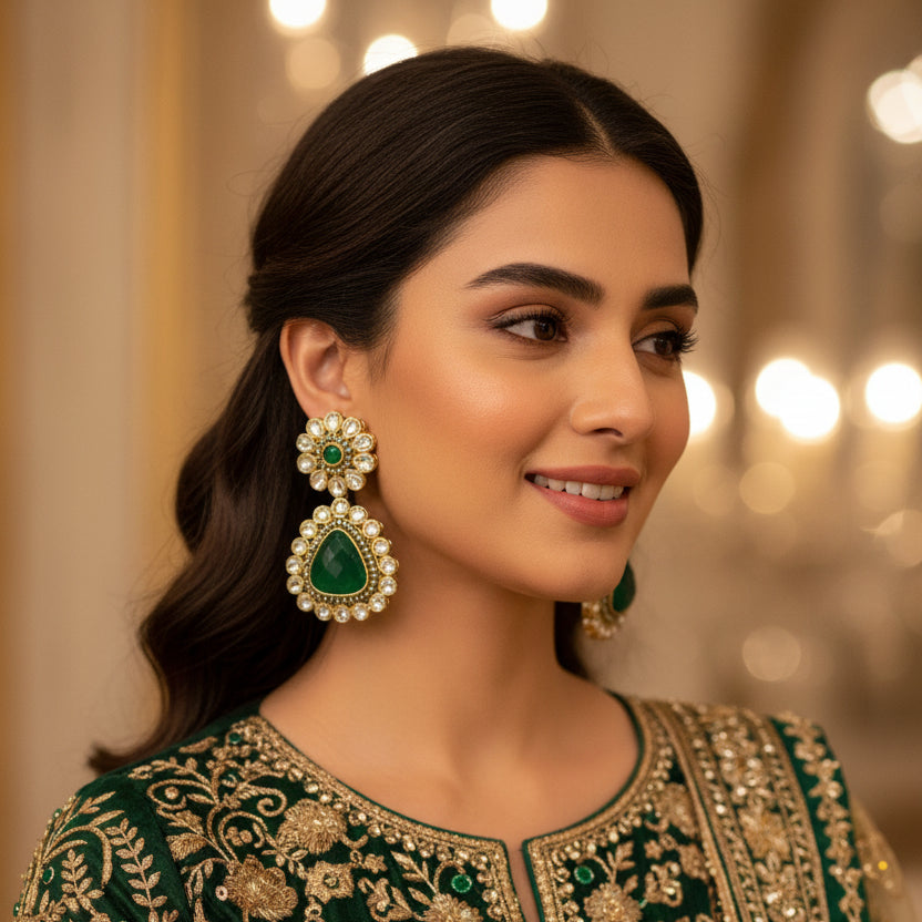 Pair of green gemstone earrings with gold and diamond-like accents on a black background.
