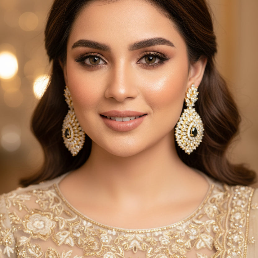 Gold and diamond earrings on a dark background with 'Saheli' branding.