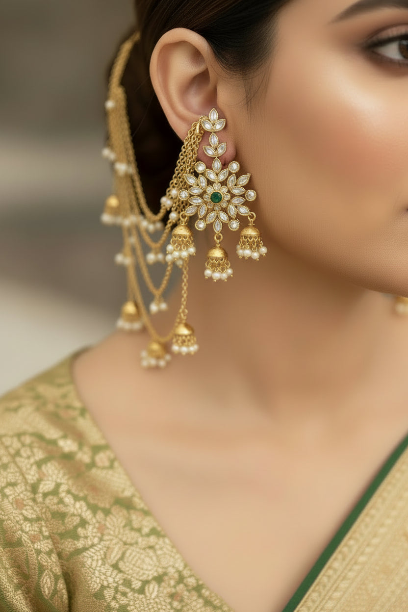 Gold jewelry set with floral designs on a dark background, featuring the brand 'Saheli'.