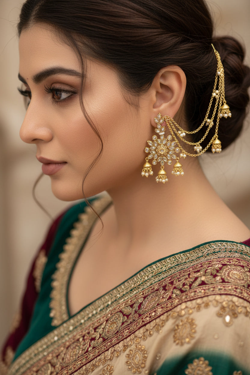 Gold necklace and earrings set with 'SAHELI' branding on a dark background