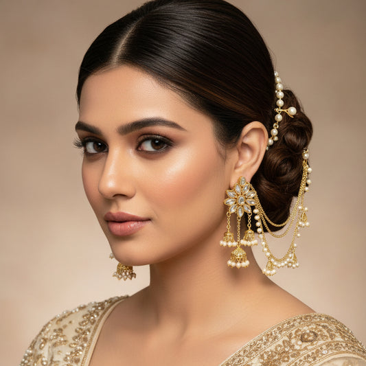 Gold necklace and earrings set with 'Saheli' branding on a dark background
