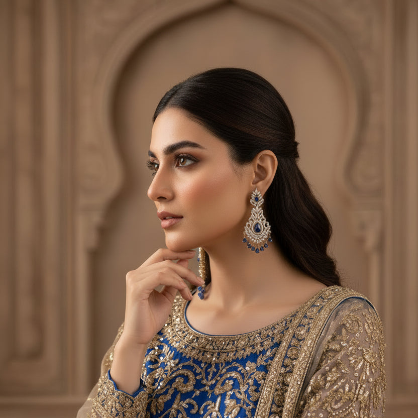Ornate earrings with blue stones on a gray stand, branded 'SAHELI'.