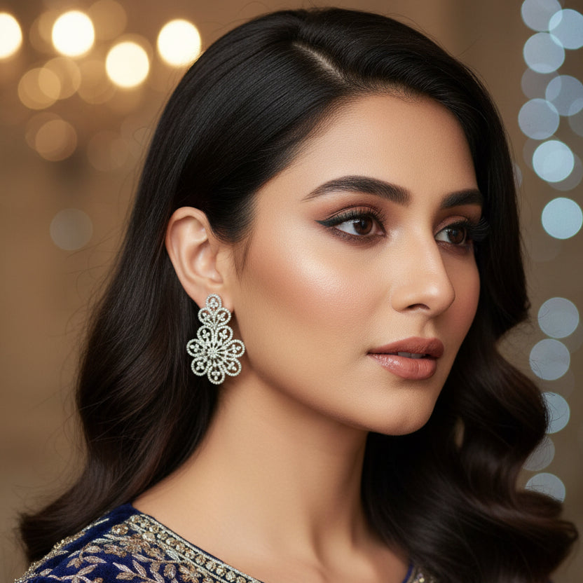 Pair of silver floral earrings on a dark background