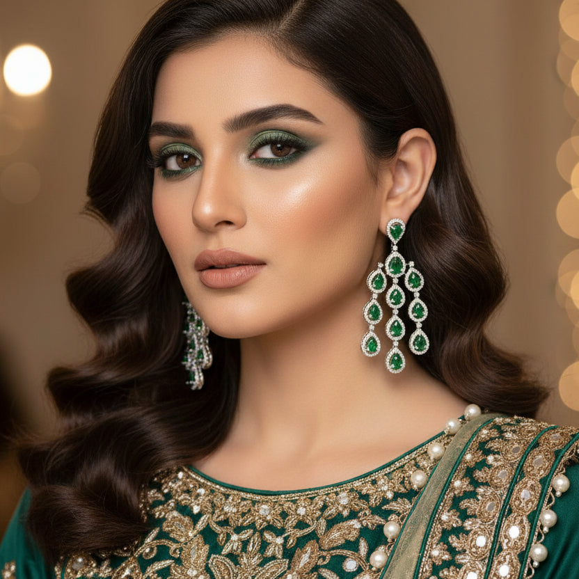 Pair of emerald and diamond chandelier earrings on a dark background