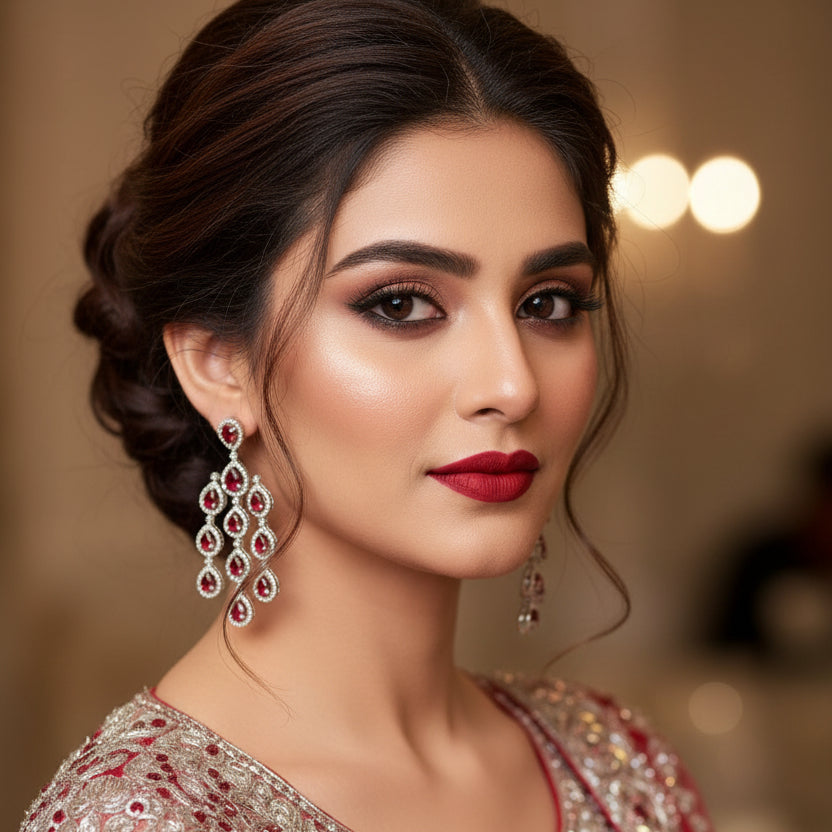 Pair of chandelier earrings with red gemstones on a dark background