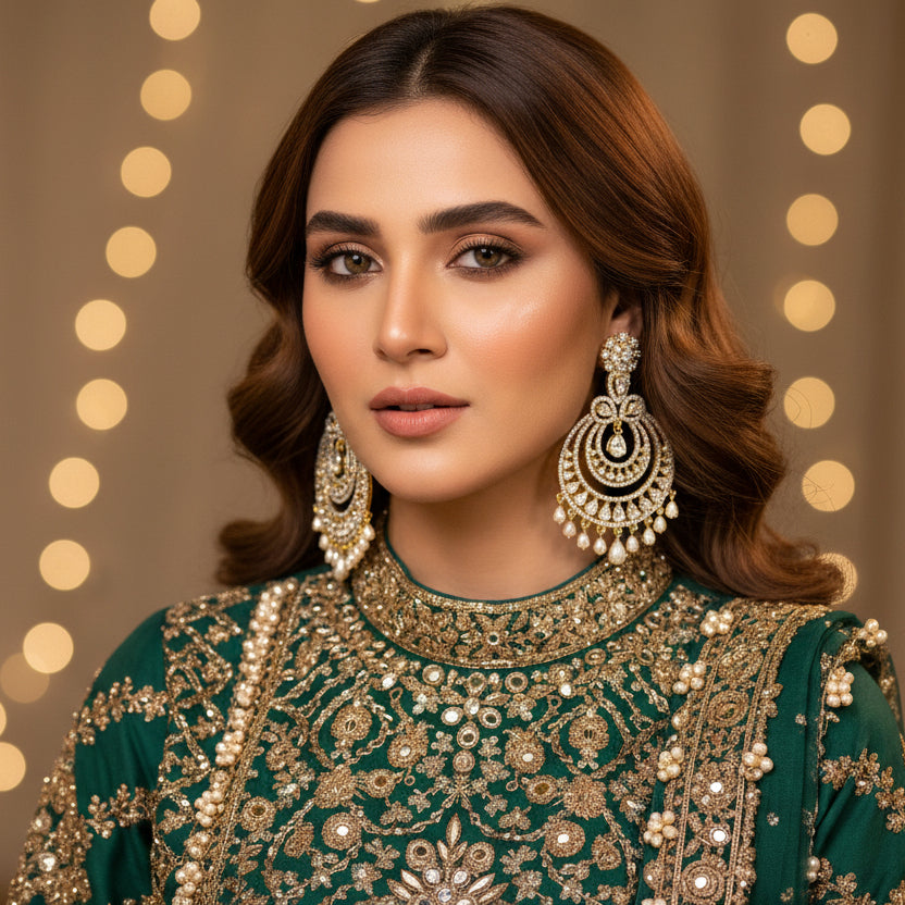 Pair of ornate earrings with gold and silver details on a dark background