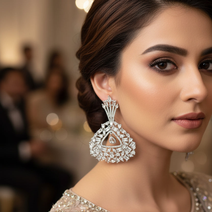 Pair of diamond earrings with 'Saheli' branding on a dark background