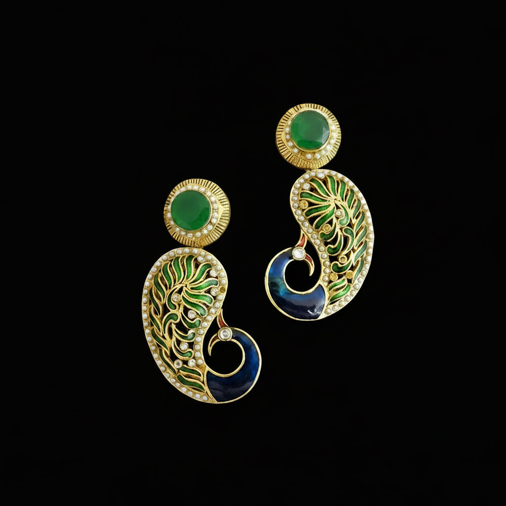 A pair of gold-plated drop earrings with green stone tops, detailed green and gold paisley enameled drops, and a dark blue circular accent, displayed on a dark reflective surface with the SAHeli brand logo above.