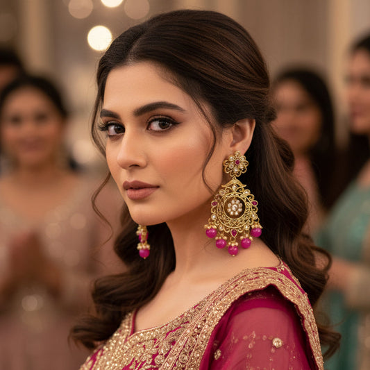 Ornate gold earrings with pink beads on a dark background, featuring the brand 'Saheli'.