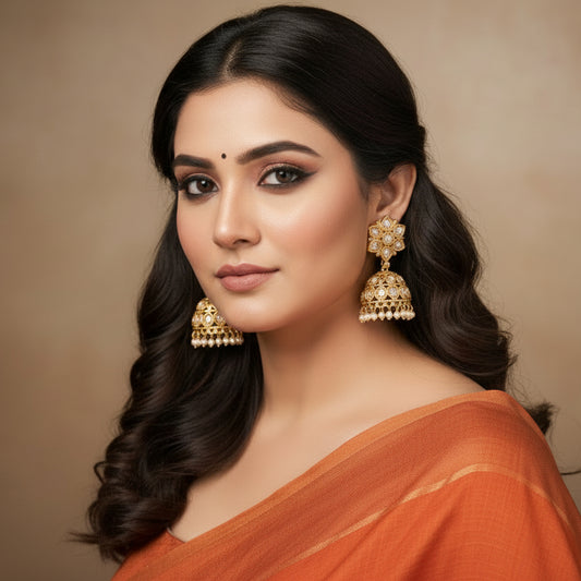 Gold earrings with floral top and bell-shaped bottom on a brown background