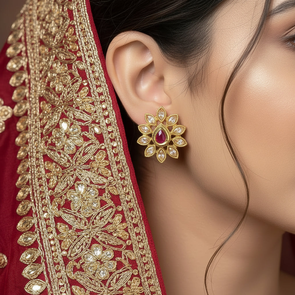 Gold floral earrings with pink gemstones on a dark background, branded 'Saheli'.