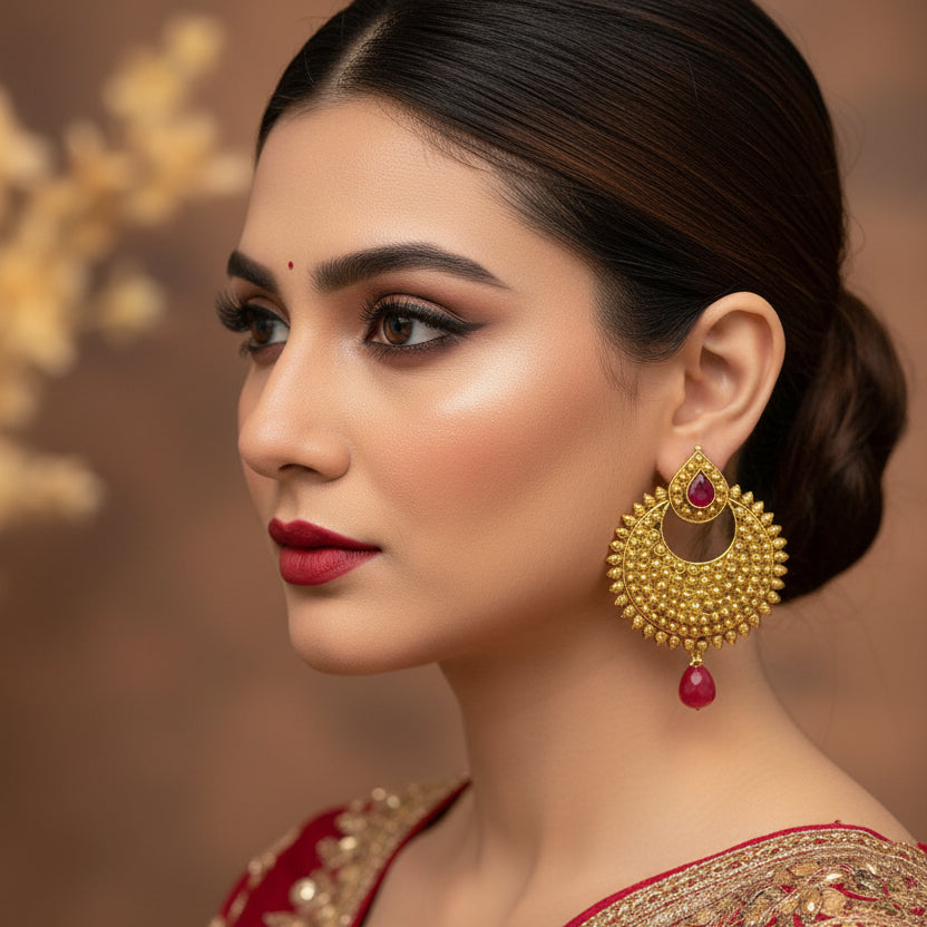 Gold earrings with red gemstones on a dark background