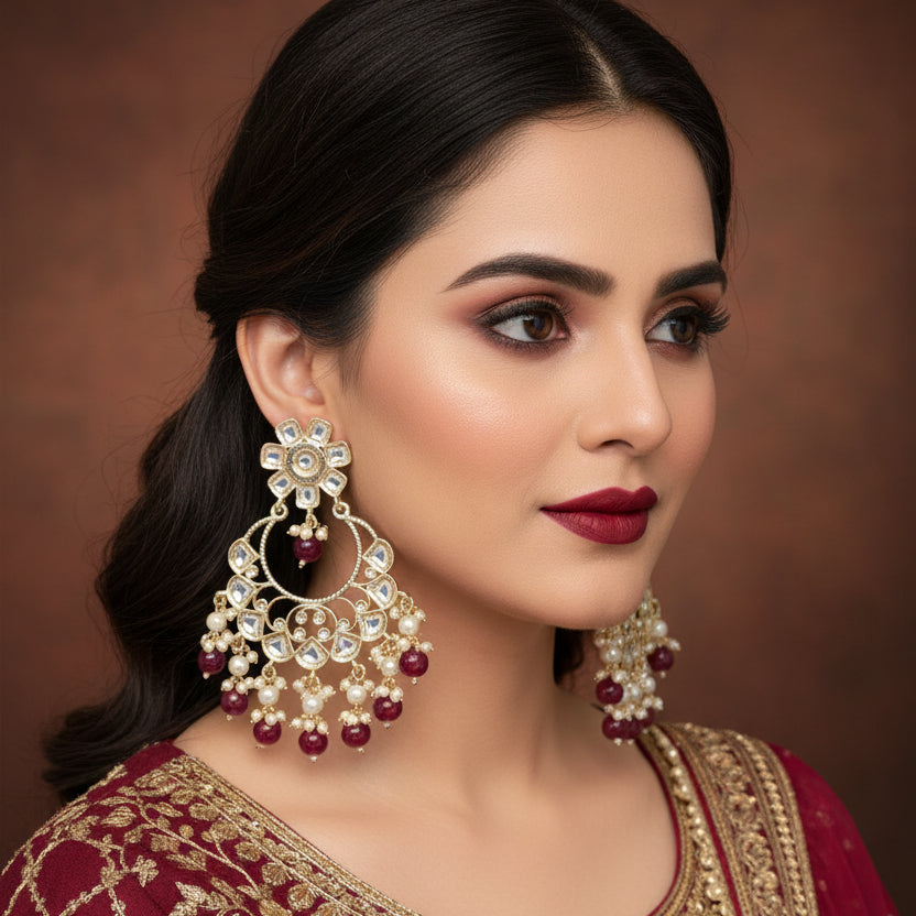 Pair of gold and red earrings on a dark background