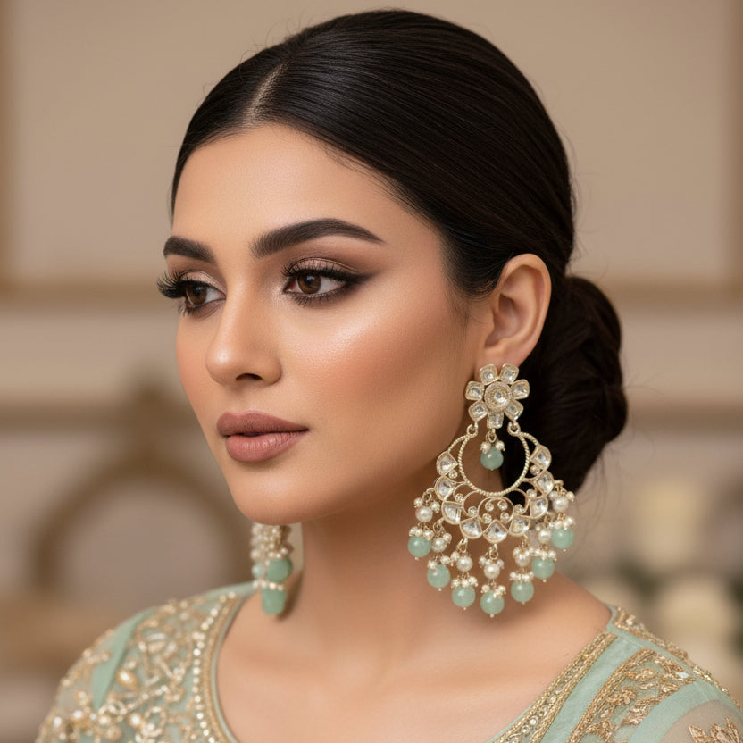 Pair of ornate earrings with green gemstones on a dark background