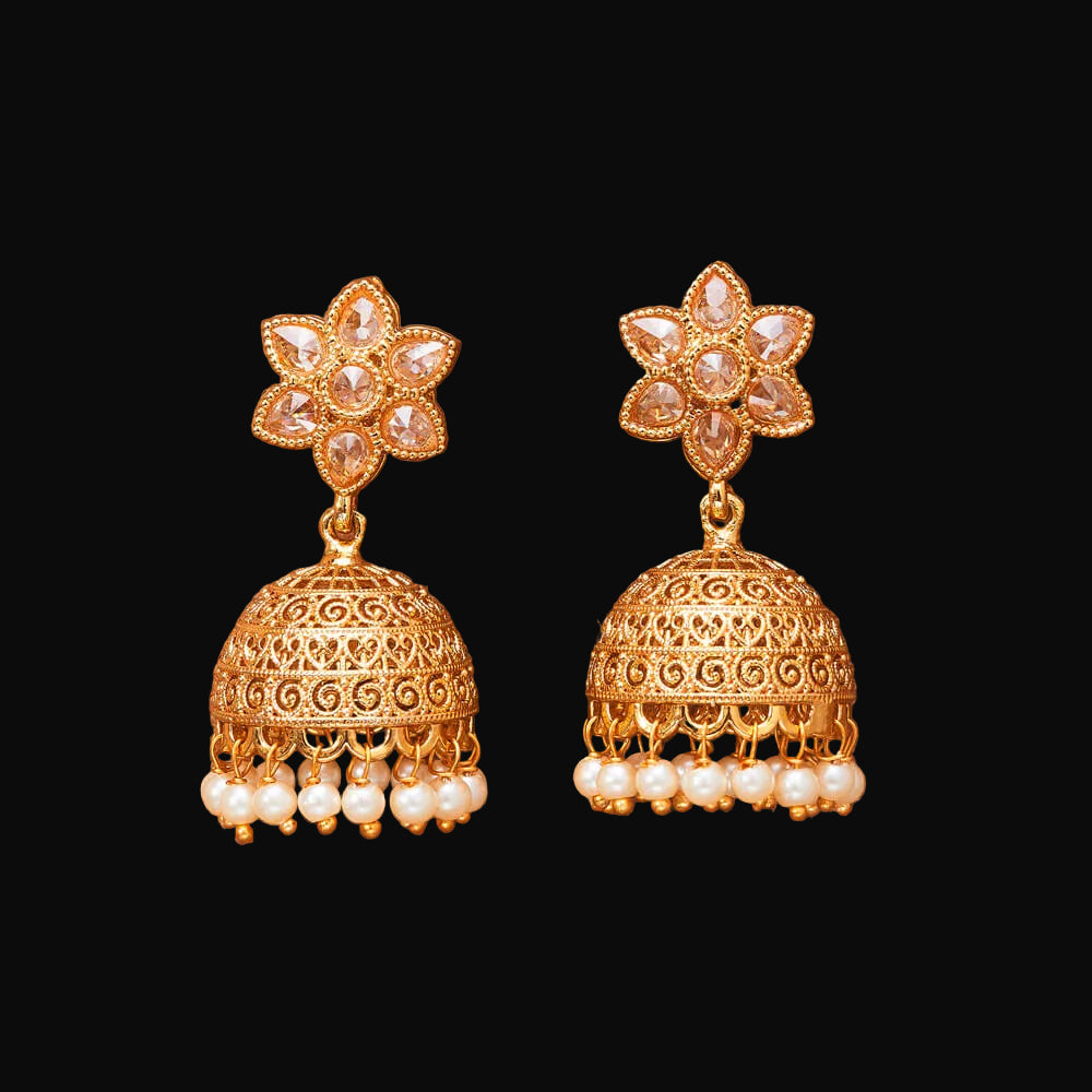 Gold earrings with floral top and bell-shaped bottom on a brown background
