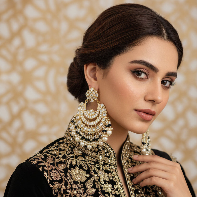 Pair of ornate earrings with intricate designs on a dark background