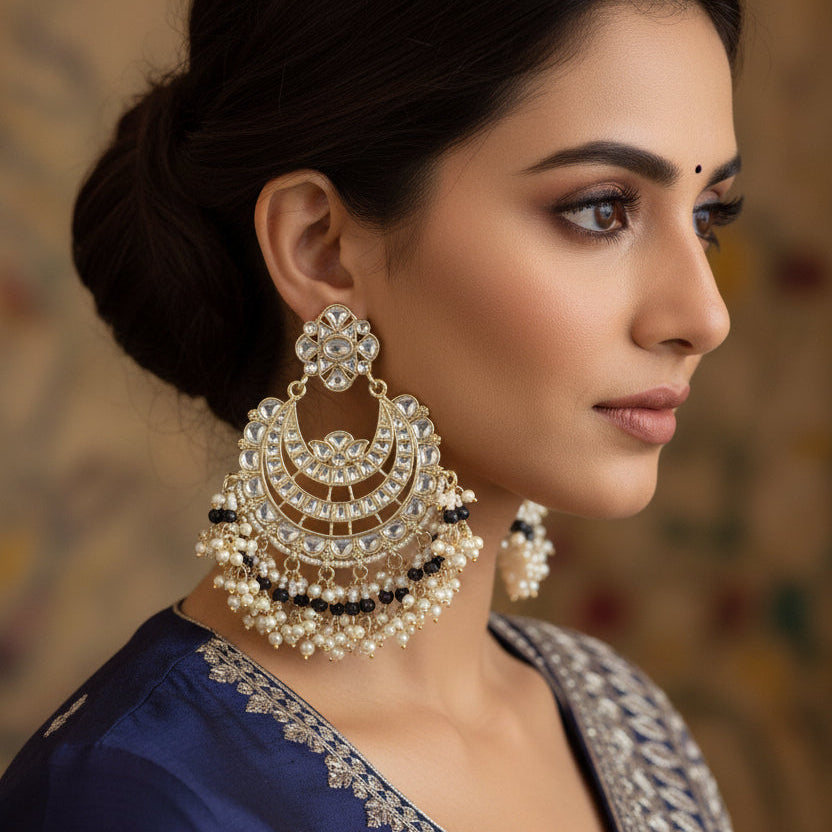 Pair of ornate earrings with intricate designs on a dark background