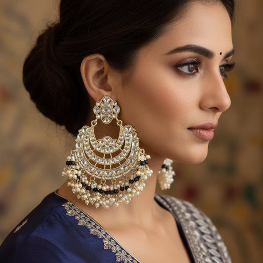 Pair of ornate earrings with intricate designs on a dark background