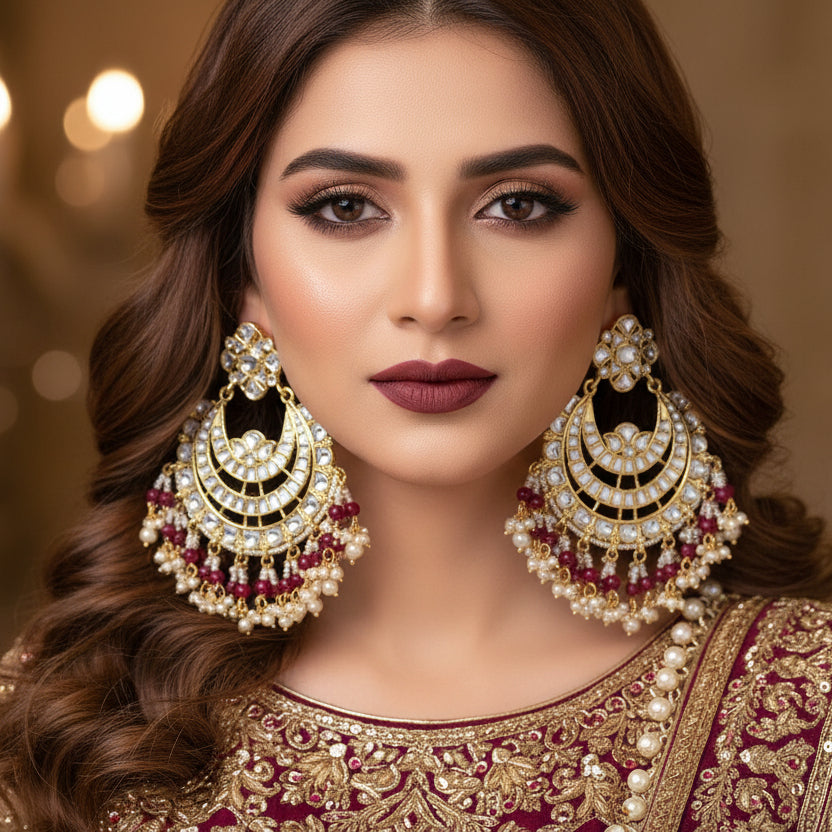 Pair of ornate earrings with gold, red, and pearl details on a dark background
