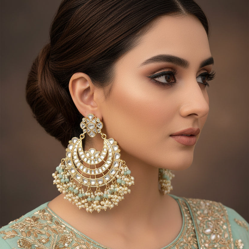 Pair of ornate earrings with pearls and gemstones on a dark background