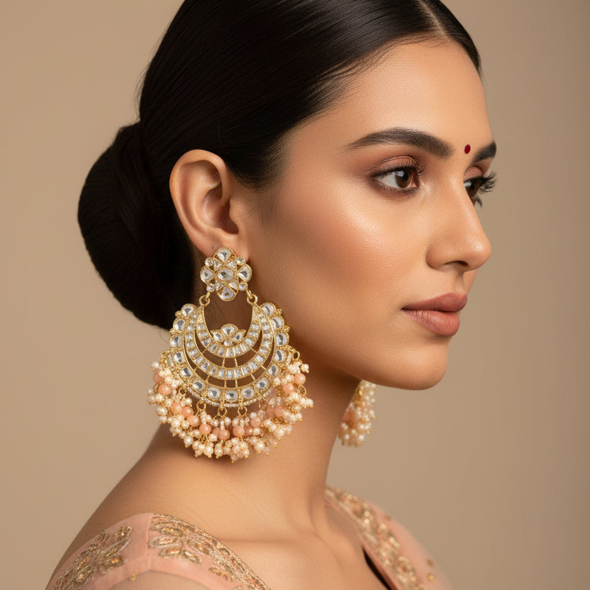 Pair of ornate earrings with pearls and gemstones on a dark background