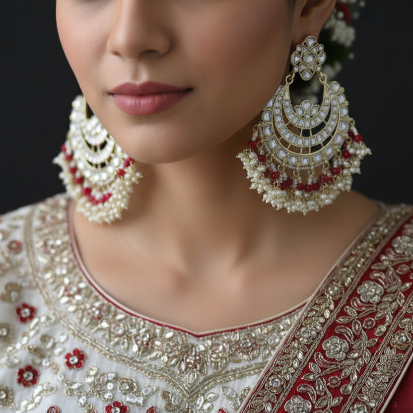 Pair of ornate earrings with pearl and red stone details on a dark background