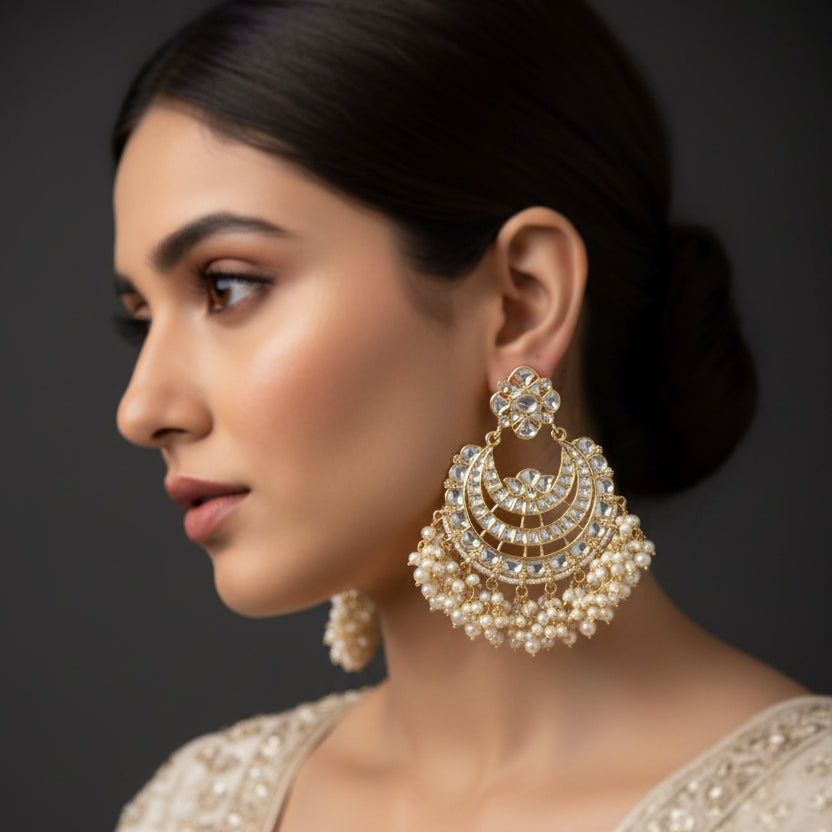 Pair of gold and pearl earrings on a dark background