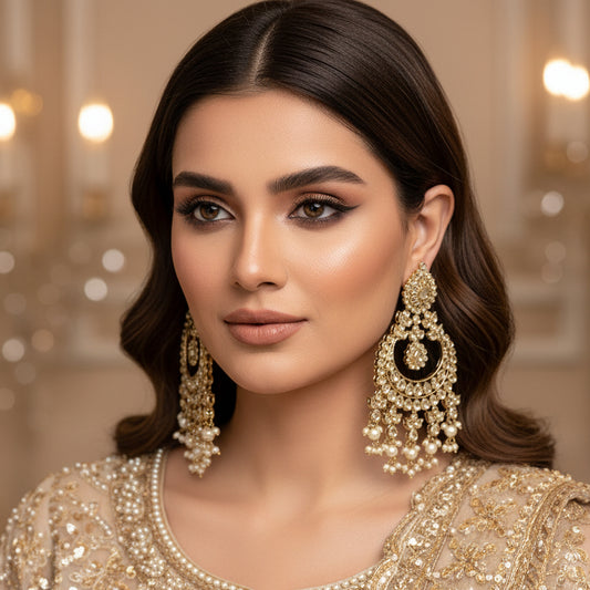 Ornate gold and pearl earrings on a dark background with 'Saheli' branding.