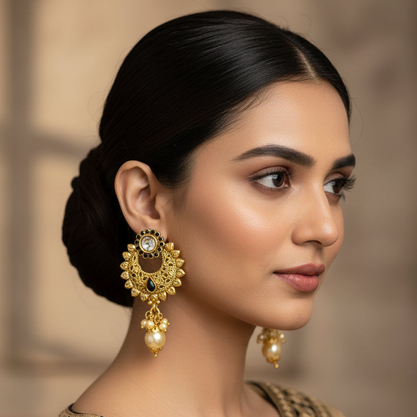 Gold earrings with black and pearl details on a dark background, branded 'SAHELI'.