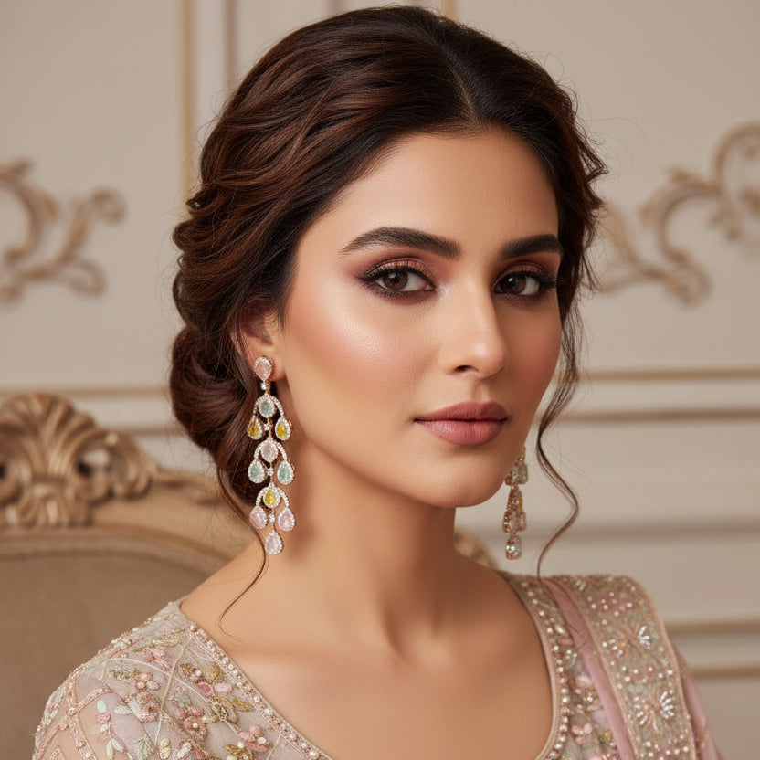 Pair of earrings with multicolored gemstones on a dark background