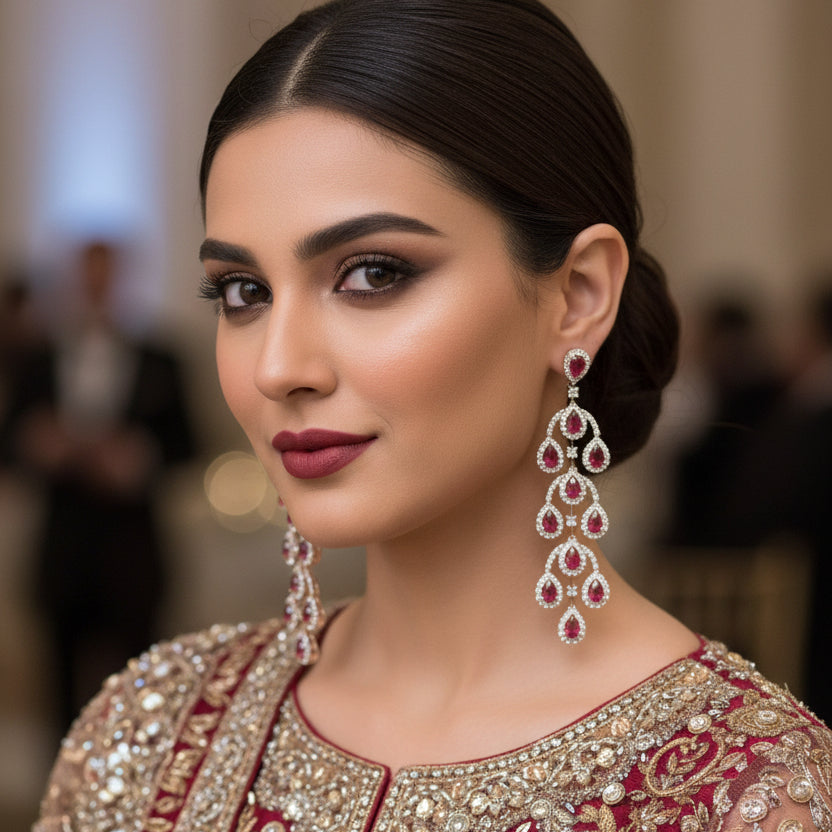 Pair of earrings with red gemstones on a dark background