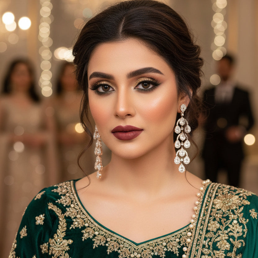 Pair of diamond earrings on a dark background