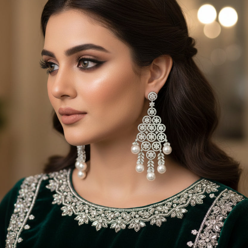 Pair of silver and pearl earrings on a black background