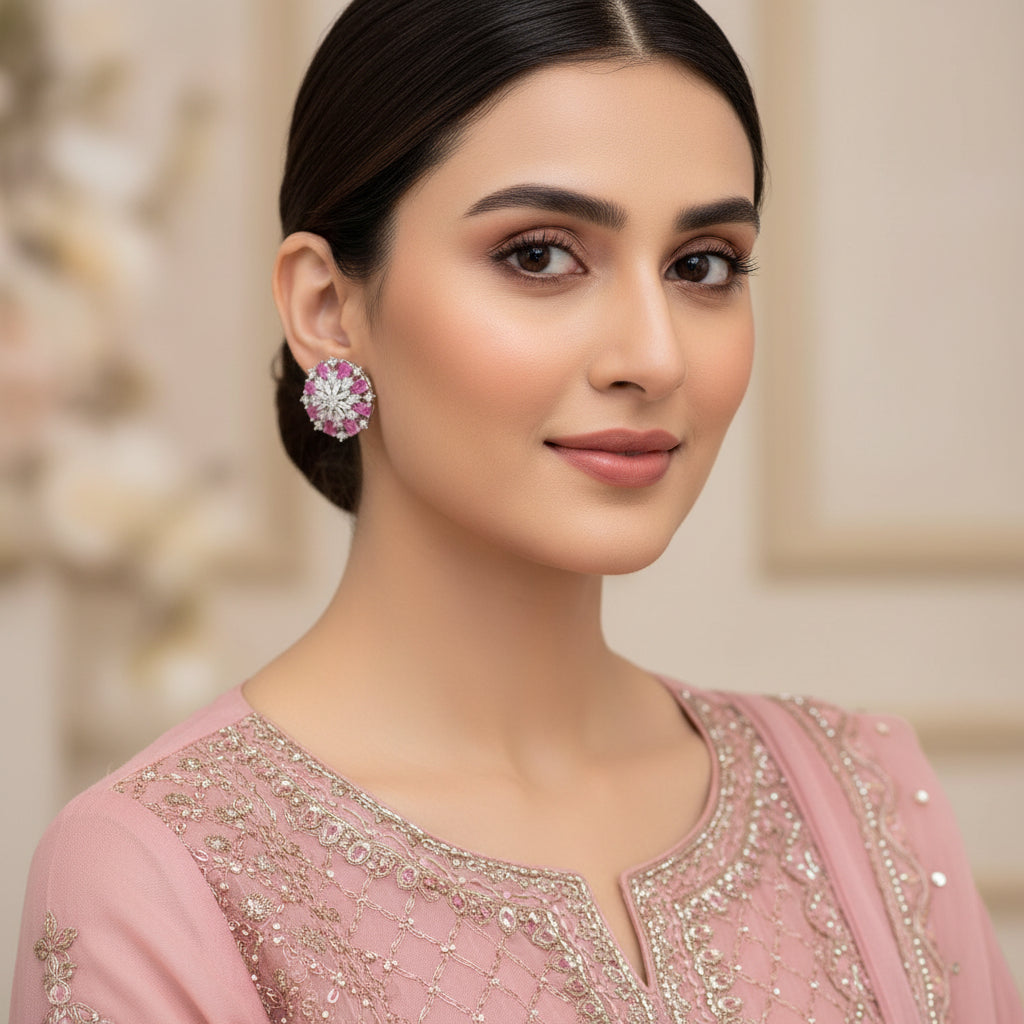 Pair of pink gemstone earrings on a dark background