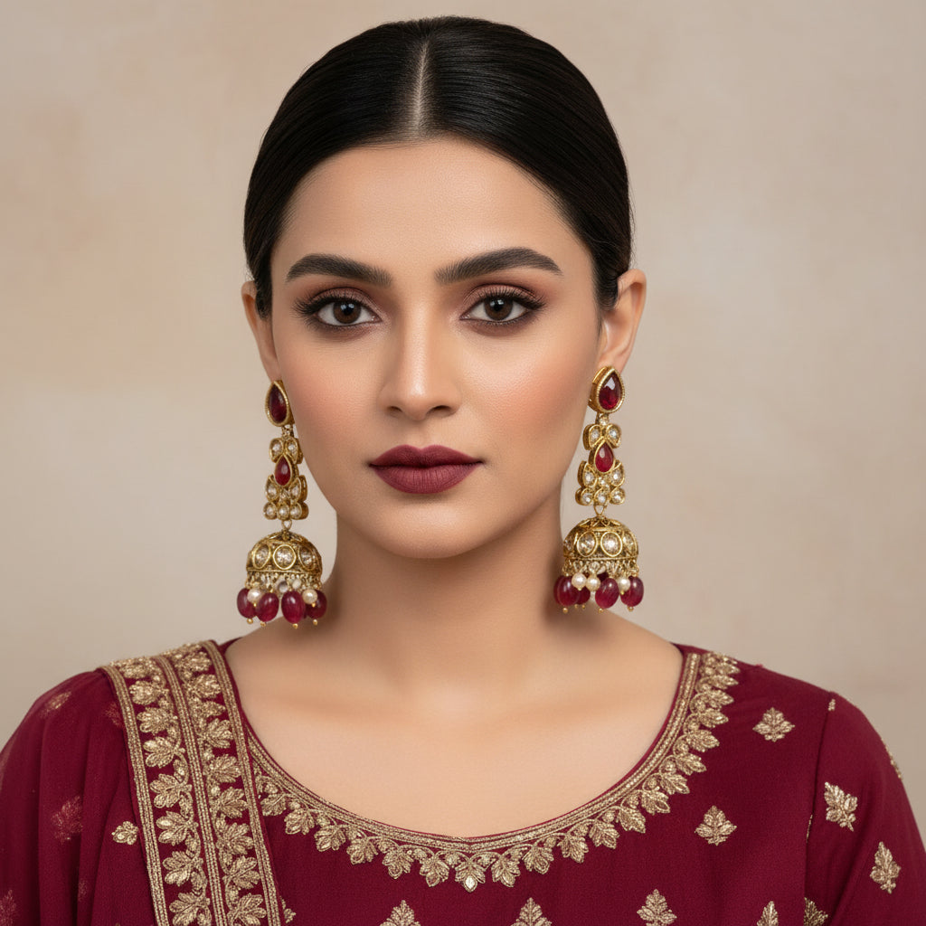 Gold and red earrings on a gray stand with 'SAHELI' branding.
