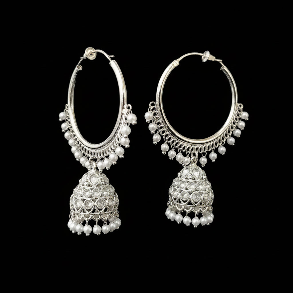 Silver hoop earrings with pearl drops on a gray background, featuring the brand 'Saheli'.
