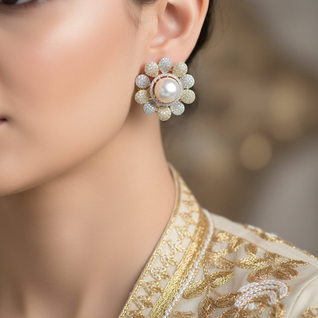 Pair of gold and pearl earrings on a dark background