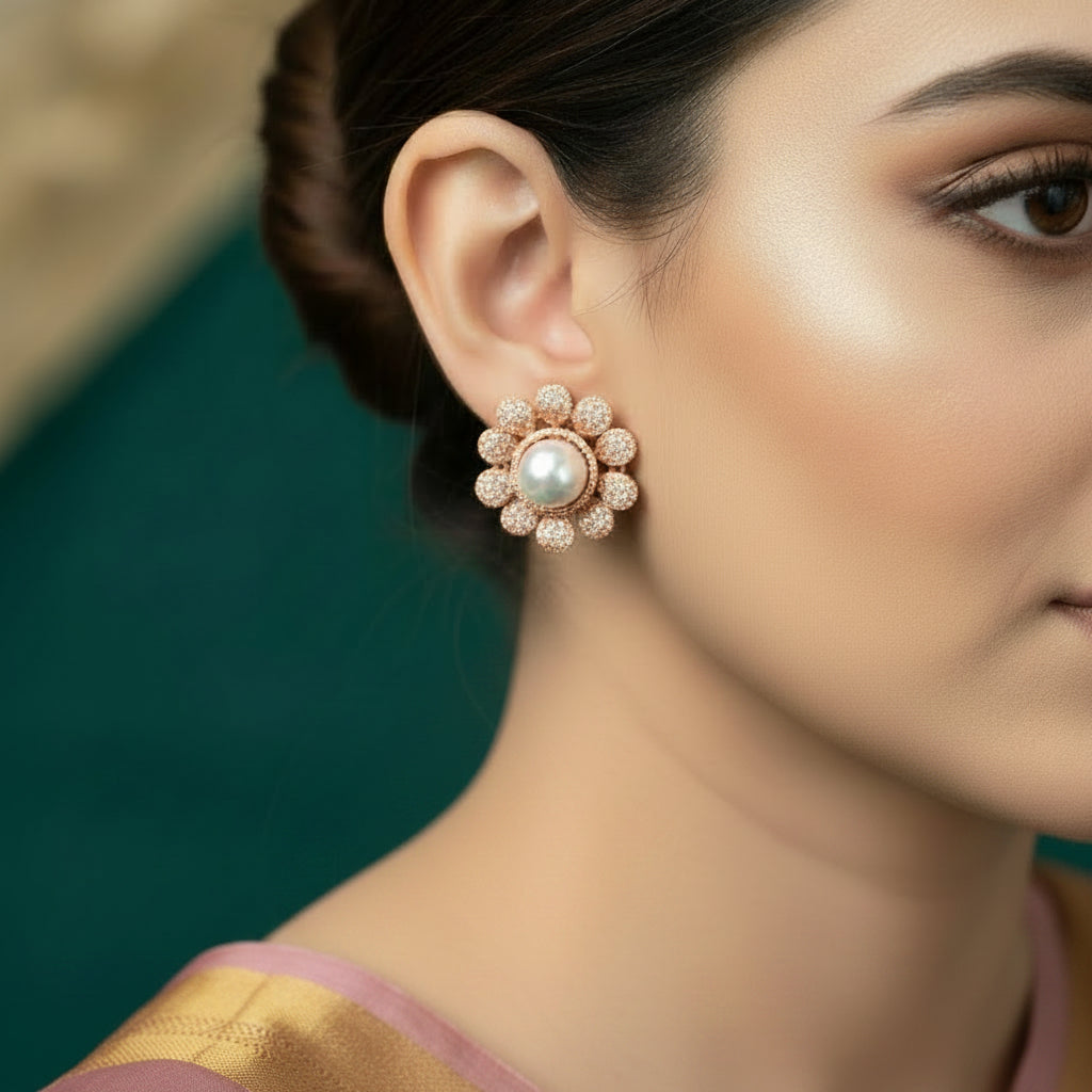 Pair of floral earrings with pearls and gemstones on a dark background