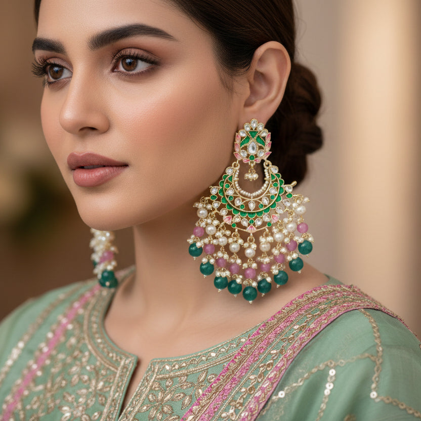 Ornate earrings with green and pink stones on a dark background