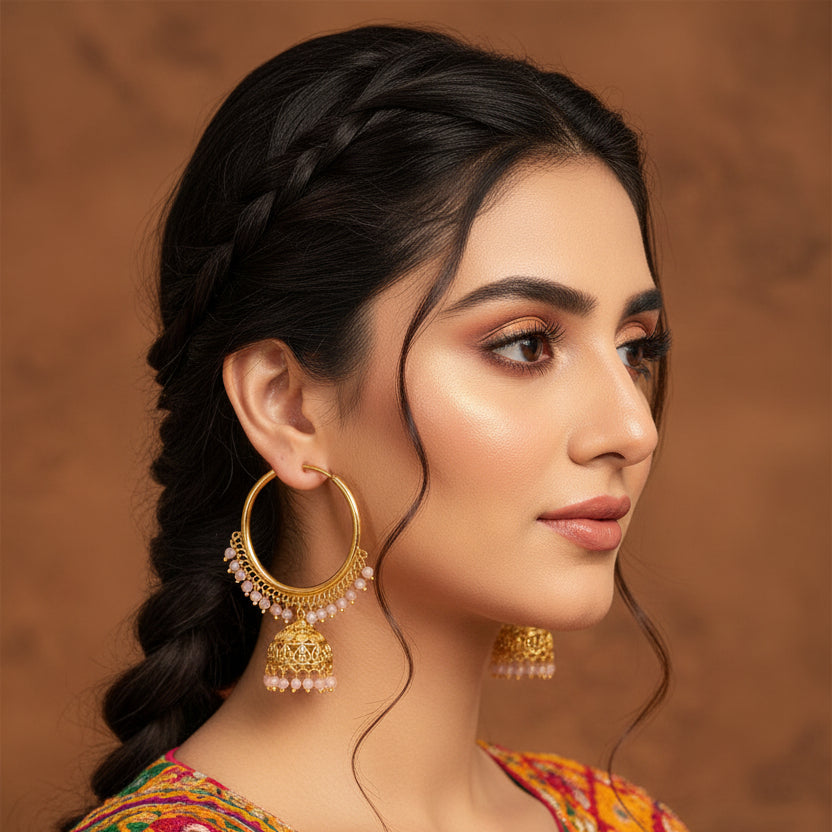 Gold hoop earrings with pink beads on a brown background