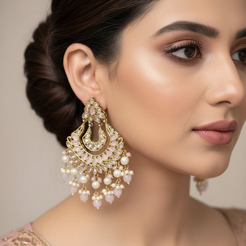 Pair of gold and pearl earrings on a dark background with 'Saheli' branding.
