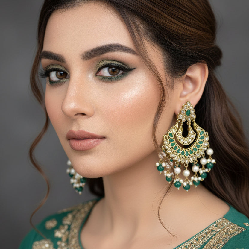 Pair of ornate earrings with green and gold details on a dark background, featuring the brand 'Saheli'.